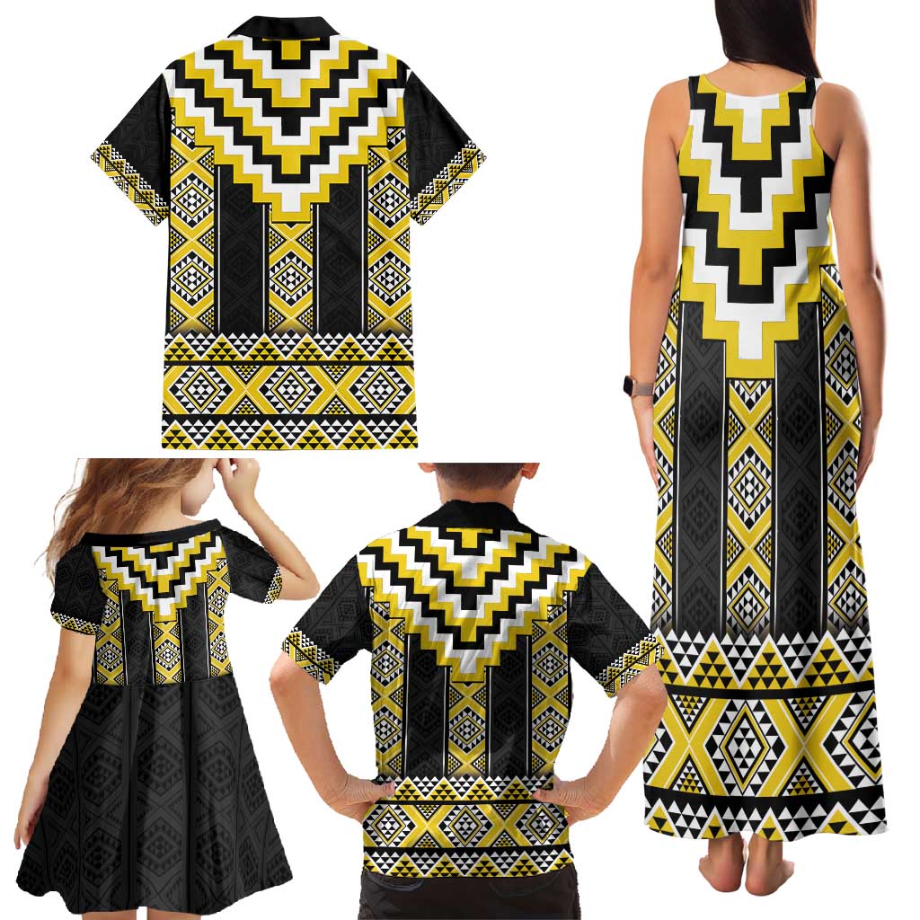 Yellow Taniko Aotearoa Family Matching Tank Maxi Dress and Hawaiian Shirt Niho Taniwha Mix Poutama LT14 - Polynesian Pride