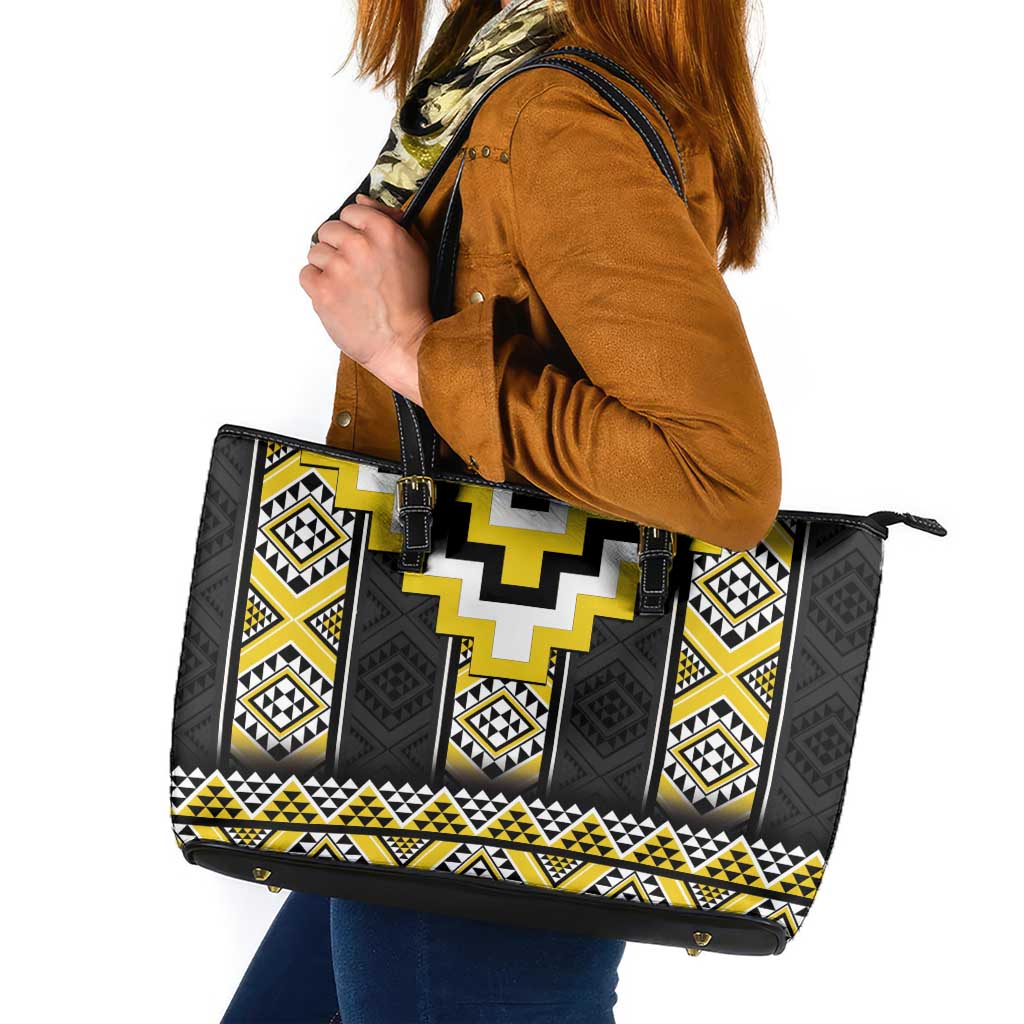Yellow Taniko Aotearoa Leather Tote Bag Niho Taniwha Mix Poutama LT14 Yellow - Polynesian Pride