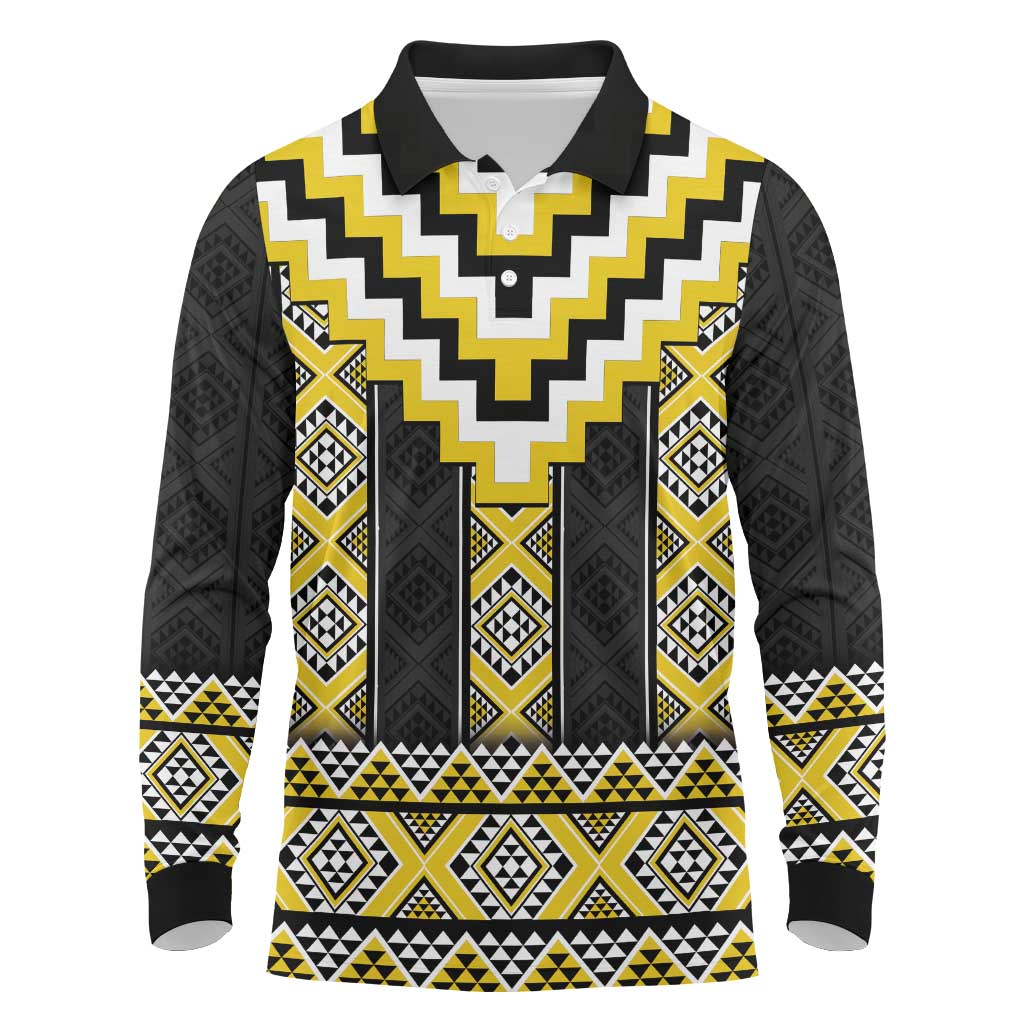 Yellow Taniko Aotearoa Long Sleeve Polo Shirt Niho Taniwha Mix Poutama LT14 Yellow - Polynesian Pride