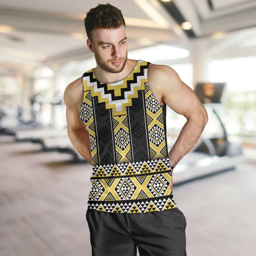 Yellow Taniko Aotearoa Men Tank Top Niho Taniwha Mix Poutama LT14 Yellow - Polynesian Pride
