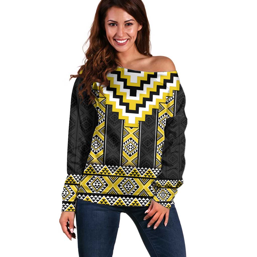 Yellow Taniko Aotearoa Off Shoulder Sweater Niho Taniwha Mix Poutama LT14 Women Yellow - Polynesian Pride