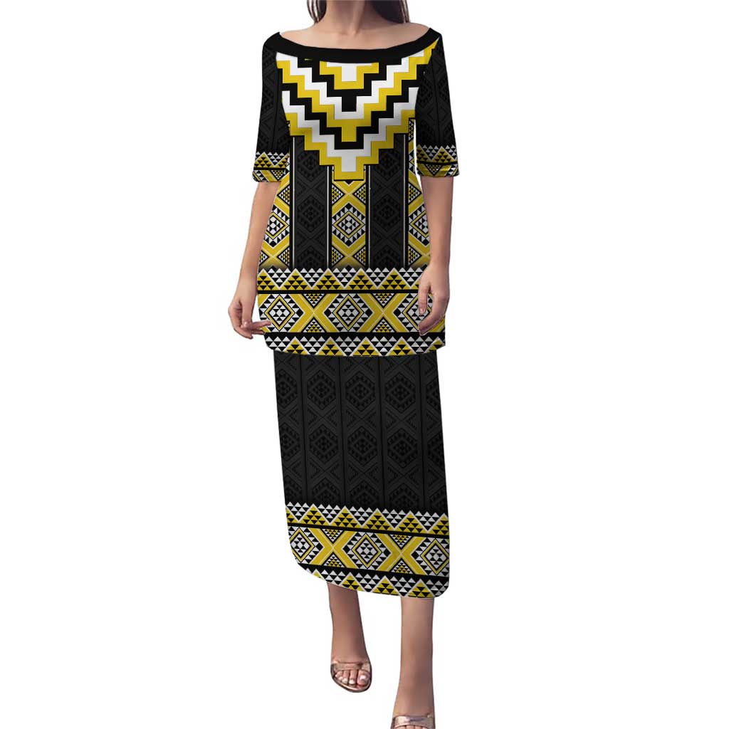 Yellow Taniko Aotearoa Puletasi Niho Taniwha Mix Poutama LT14 Long Dress Yellow - Polynesian Pride
