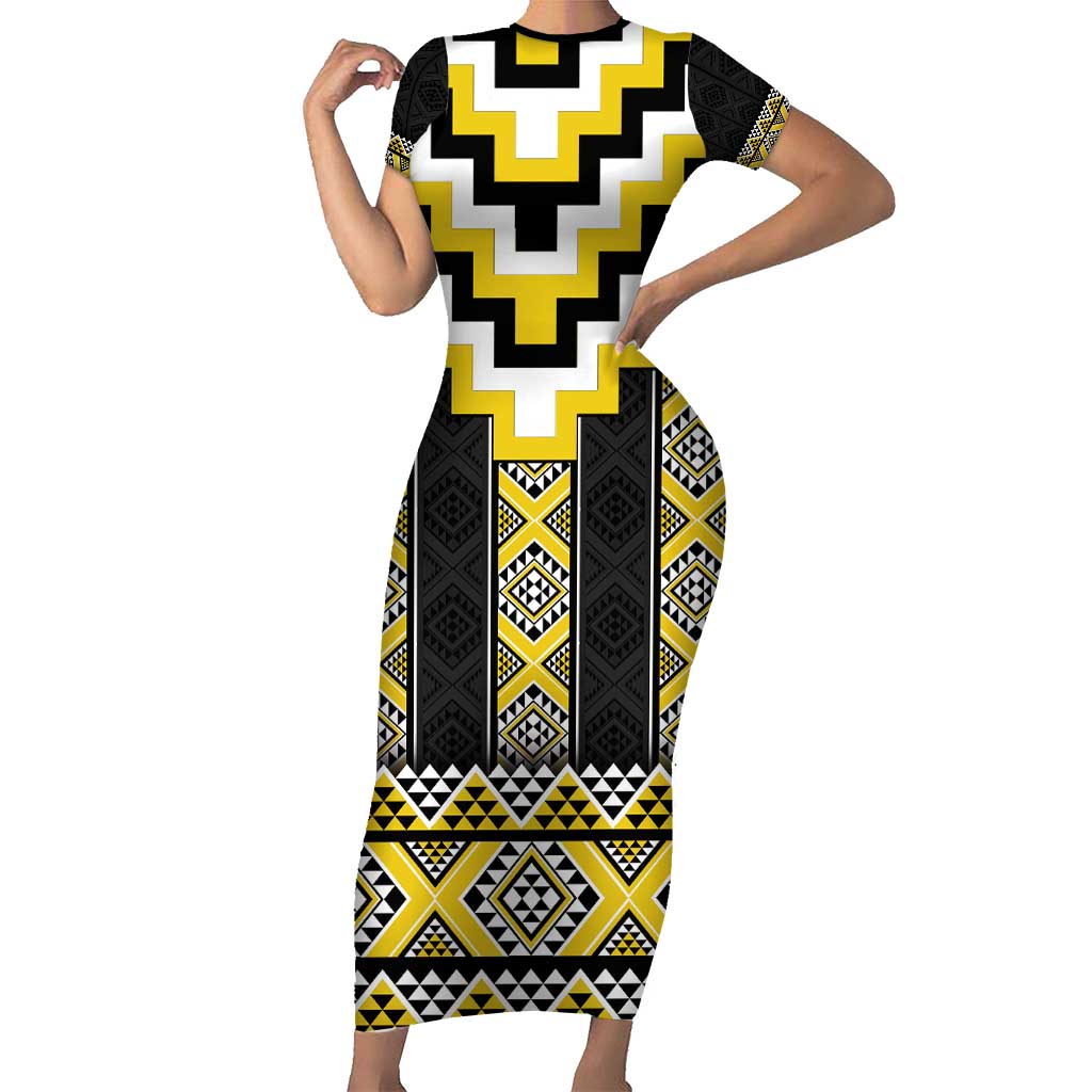Yellow Taniko Aotearoa Short Sleeve Bodycon Dress Niho Taniwha Mix Poutama LT14 Long Dress Yellow - Polynesian Pride