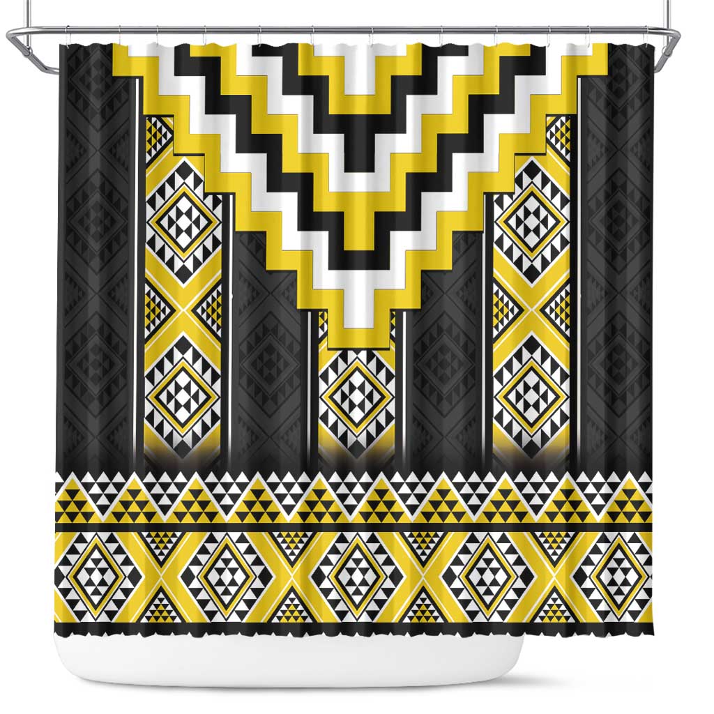 Yellow Taniko Aotearoa Shower Curtain Niho Taniwha Mix Poutama LT14 Yellow - Polynesian Pride