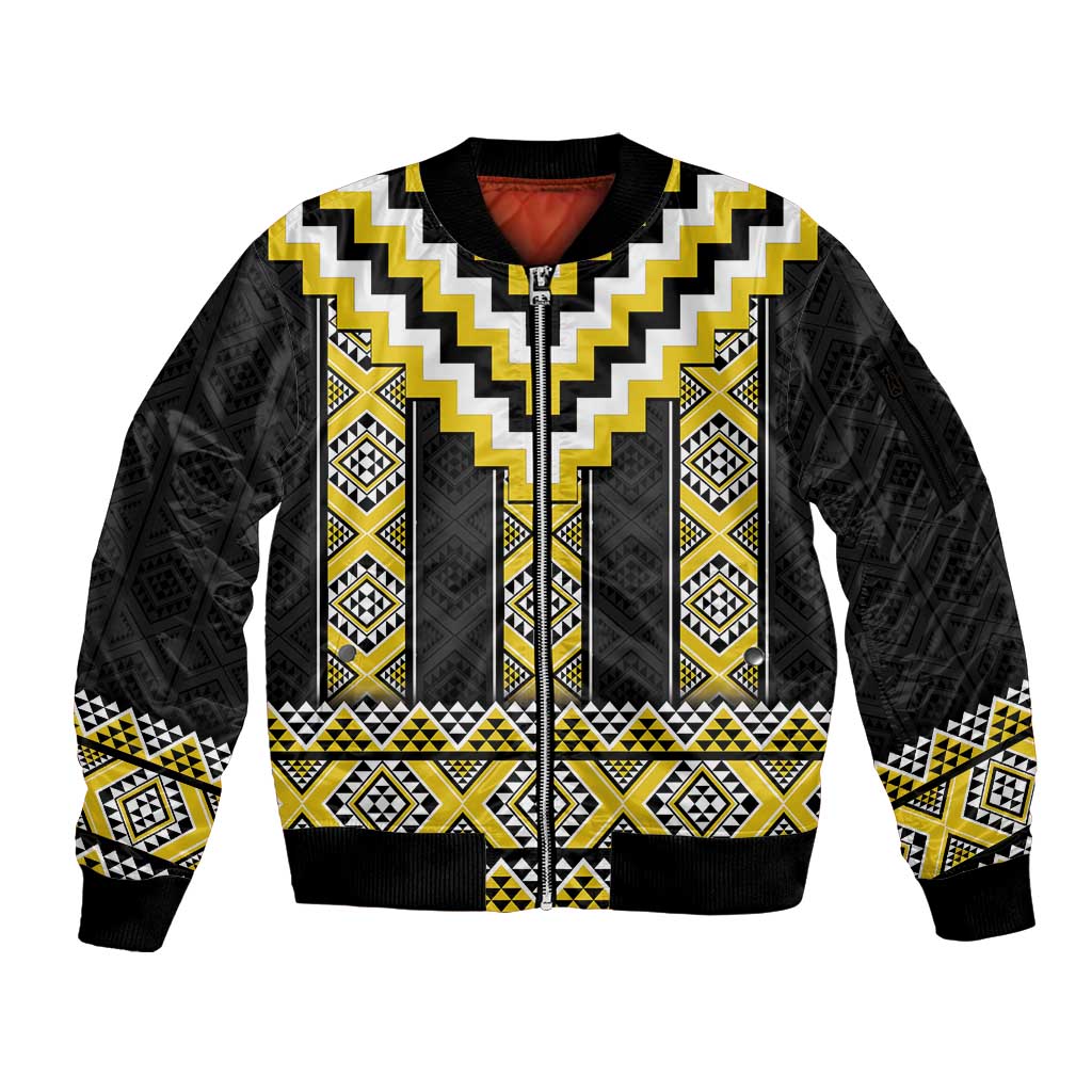 Yellow Taniko Aotearoa Sleeve Zip Bomber Jacket Niho Taniwha Mix Poutama LT14 Unisex Yellow - Polynesian Pride