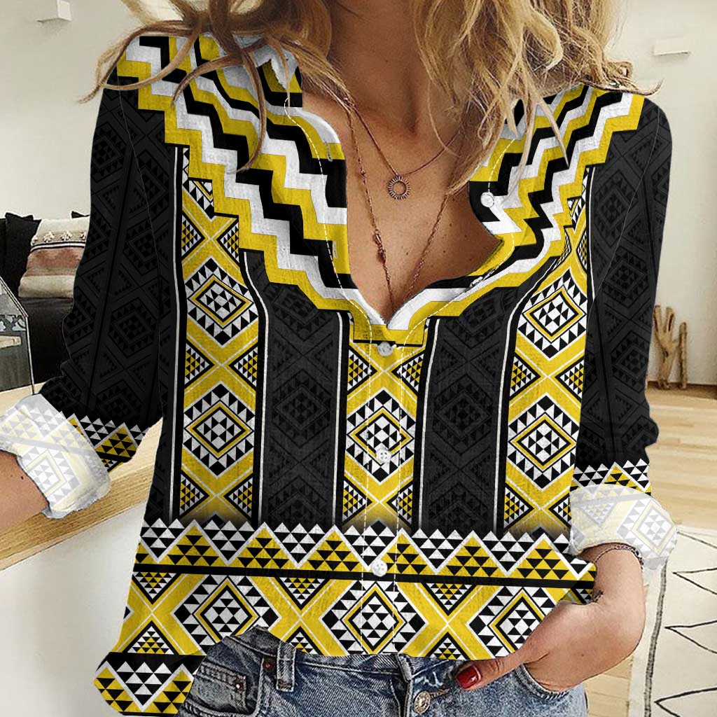 Yellow Taniko Aotearoa Women Casual Shirt Niho Taniwha Mix Poutama LT14 Female Yellow - Polynesian Pride