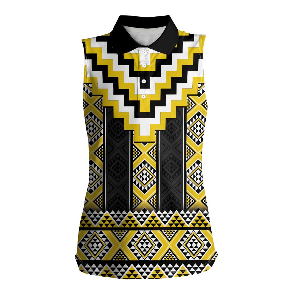 Yellow Taniko Aotearoa Women Sleeveless Polo Shirt Niho Taniwha Mix Poutama LT14 Female Yellow - Polynesian Pride