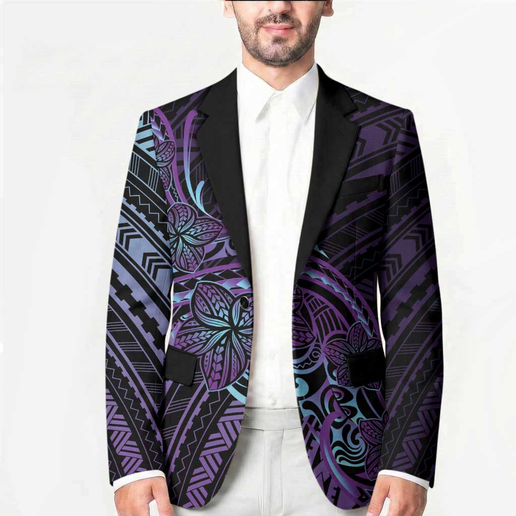 Teal Purple Polynesia Plumeria Tattoo Blazer
