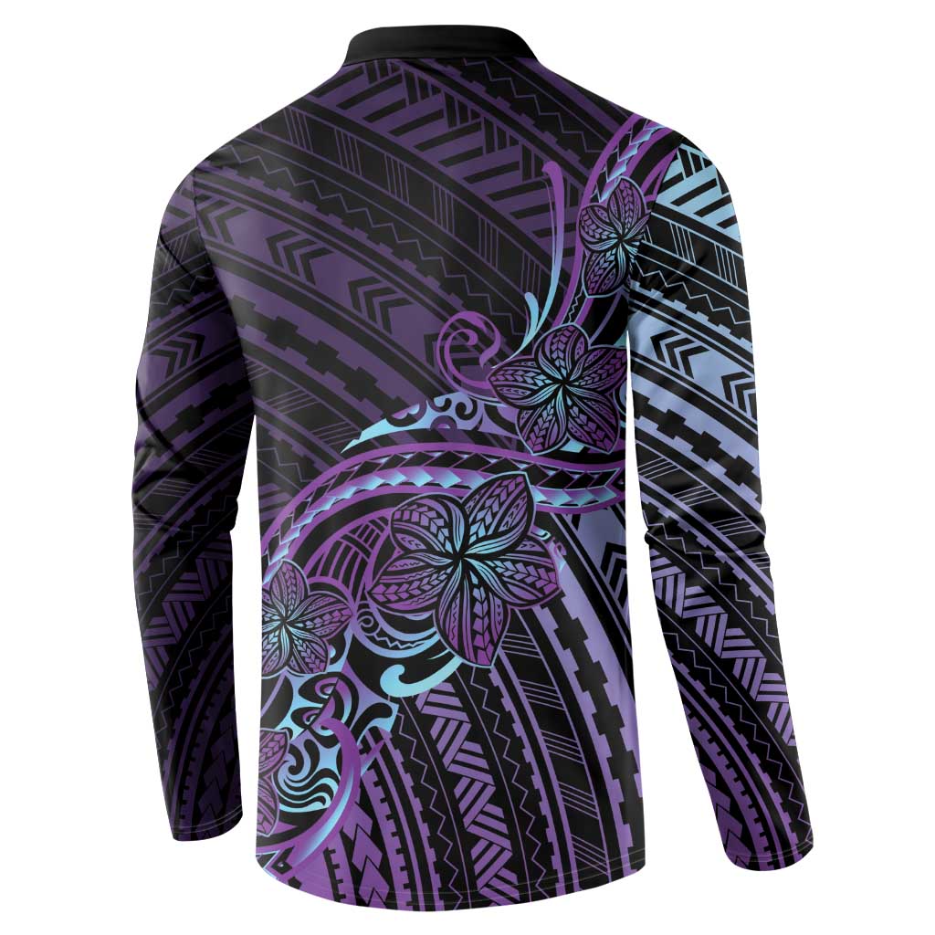 Teal Purple Polynesia Plumeria Tattoo Button Sweatshirt