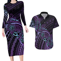 Teal Purple Polynesia Plumeria Tattoo Couples Matching Long Sleeve Bodycon Dress and Hawaiian Shirt LT14 Purple - Polynesian Pride