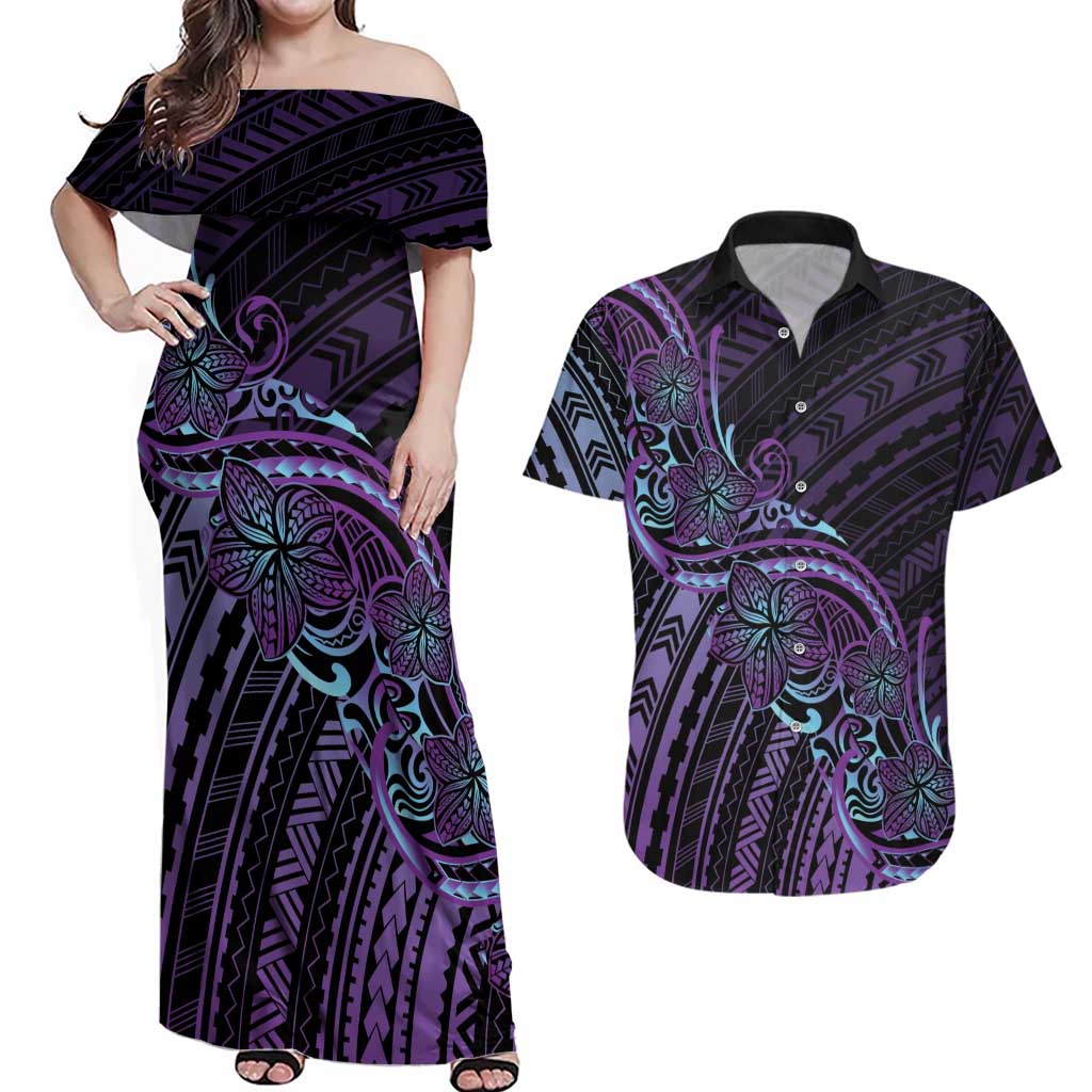 Teal Purple Polynesia Plumeria Tattoo Couples Matching Off Shoulder Maxi Dress and Hawaiian Shirt