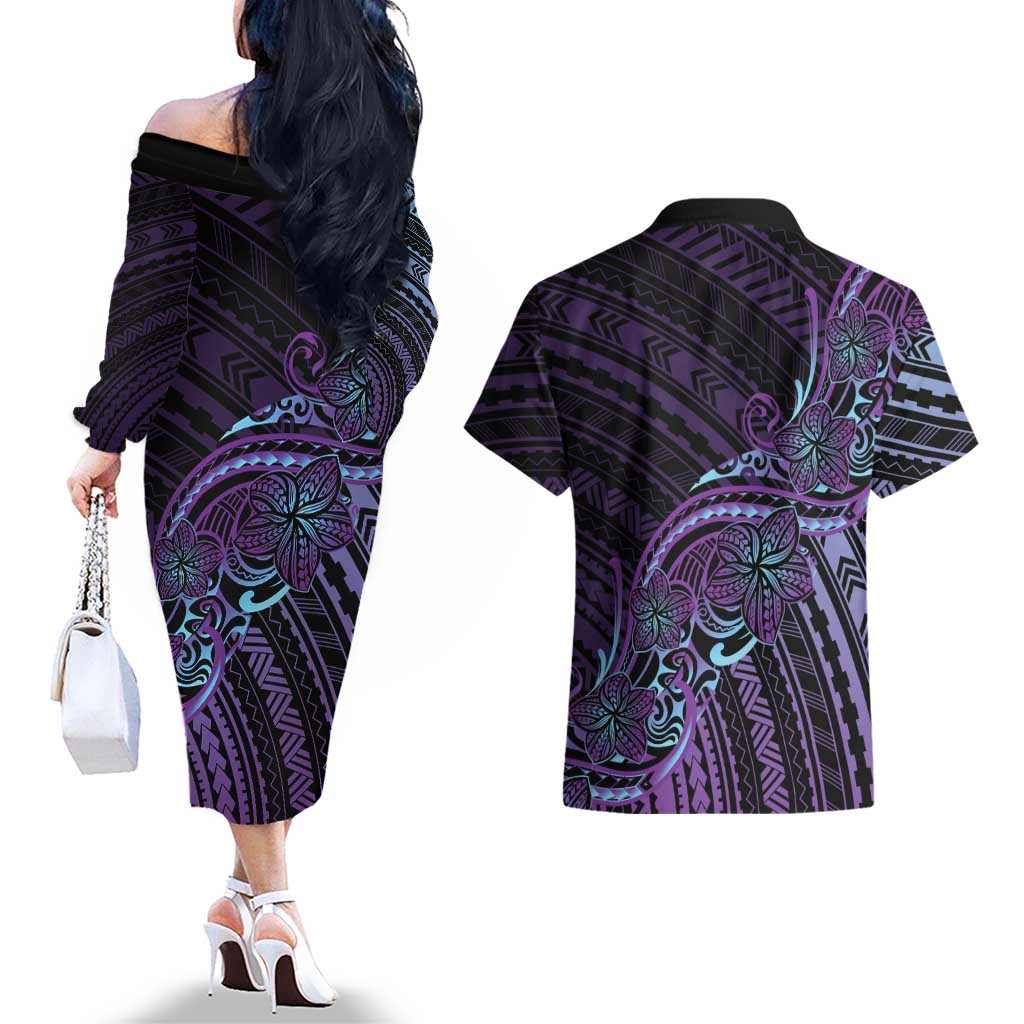 Teal Purple Polynesia Plumeria Tattoo Couples Matching Off The Shoulder Long Sleeve Dress and Hawaiian Shirt LT14 - Polynesian Pride