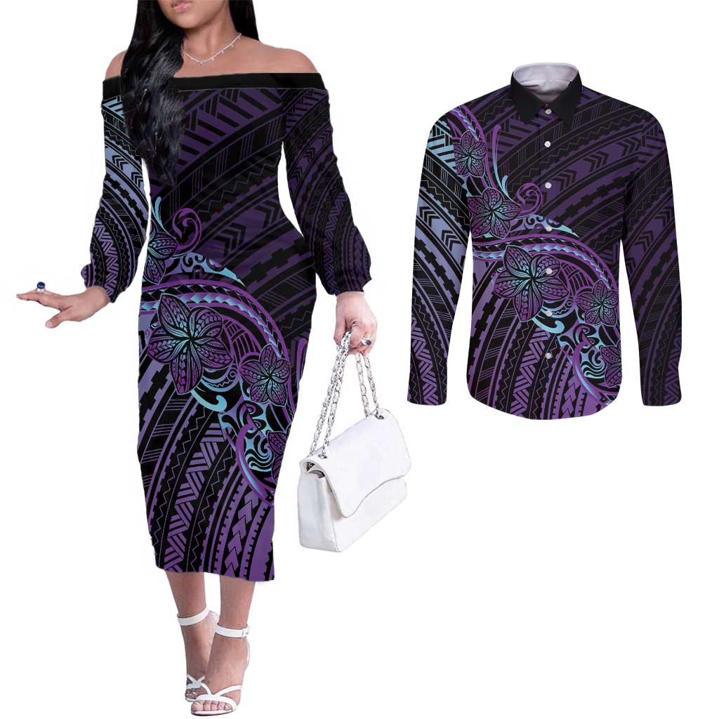 Teal Purple Polynesia Plumeria Tattoo Couples Matching Off The Shoulder Long Sleeve Dress and Long Sleeve Button Shirt LT14 Purple - Polynesian Pride