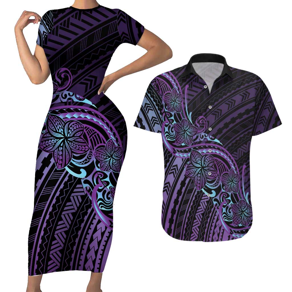Teal Purple Polynesia Plumeria Tattoo Couples Matching Short Sleeve Bodycon Dress and Hawaiian Shirt LT14 Purple - Polynesian Pride