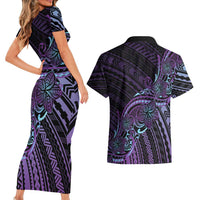 Teal Purple Polynesia Plumeria Tattoo Couples Matching Short Sleeve Bodycon Dress and Hawaiian Shirt LT14 - Polynesian Pride