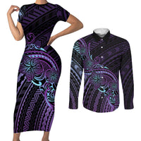 Teal Purple Polynesia Plumeria Tattoo Couples Matching Short Sleeve Bodycon Dress and Long Sleeve Button Shirt LT14 Purple - Polynesian Pride