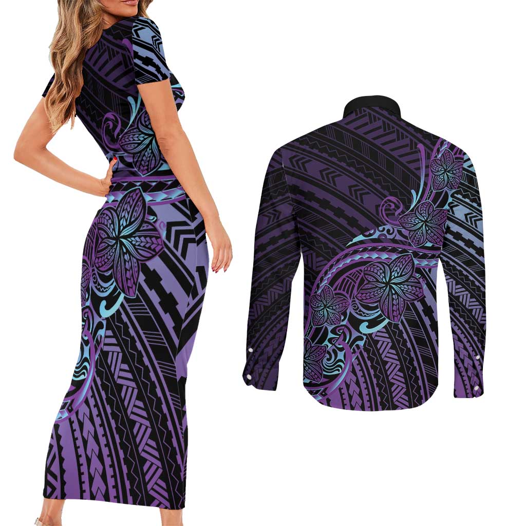 Teal Purple Polynesia Plumeria Tattoo Couples Matching Short Sleeve Bodycon Dress and Long Sleeve Button Shirt LT14 - Polynesian Pride