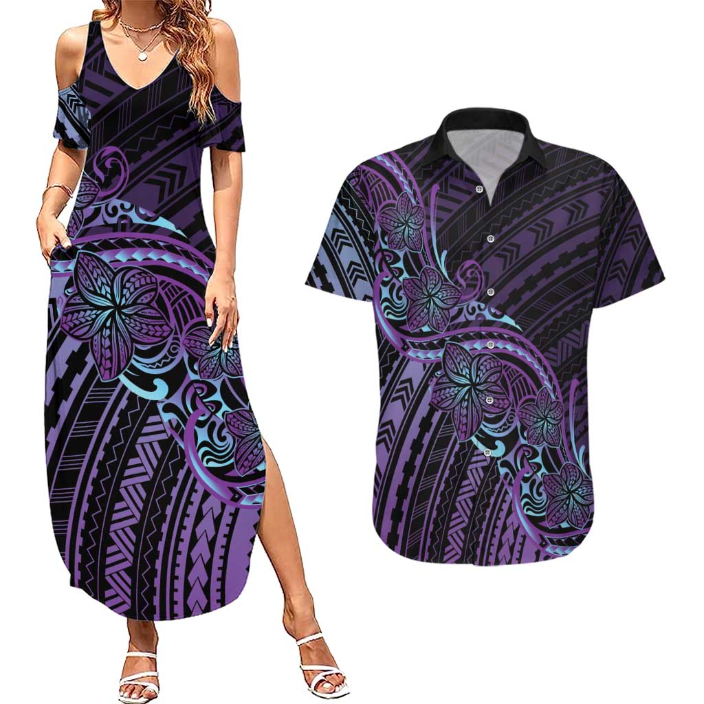 Teal Purple Polynesia Plumeria Tattoo Couples Matching Summer Maxi Dress and Hawaiian Shirt