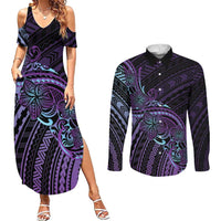 Teal Purple Polynesia Plumeria Tattoo Couples Matching Summer Maxi Dress and Long Sleeve Button Shirt