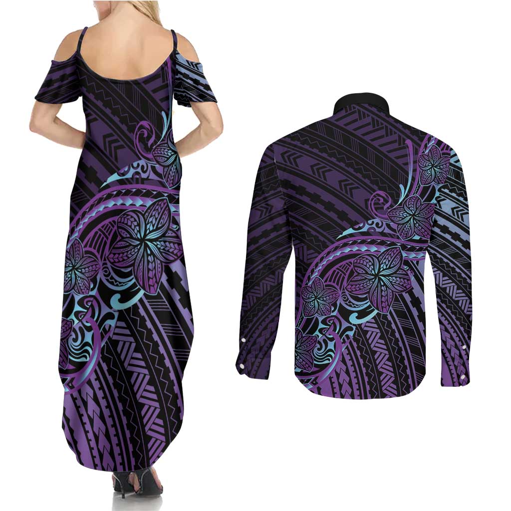 Teal Purple Polynesia Plumeria Tattoo Couples Matching Summer Maxi Dress and Long Sleeve Button Shirt