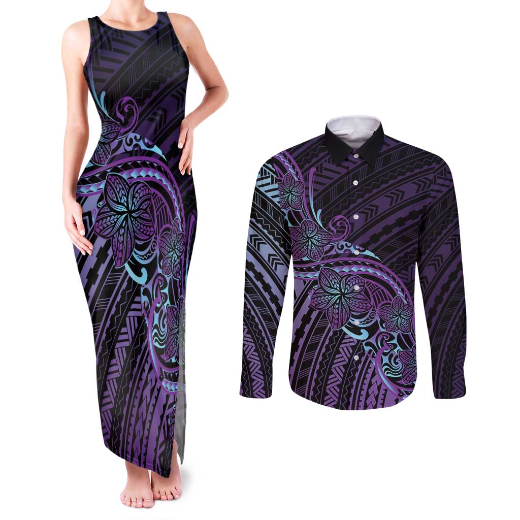 Teal Purple Polynesia Plumeria Tattoo Couples Matching Tank Maxi Dress and Long Sleeve Button Shirt