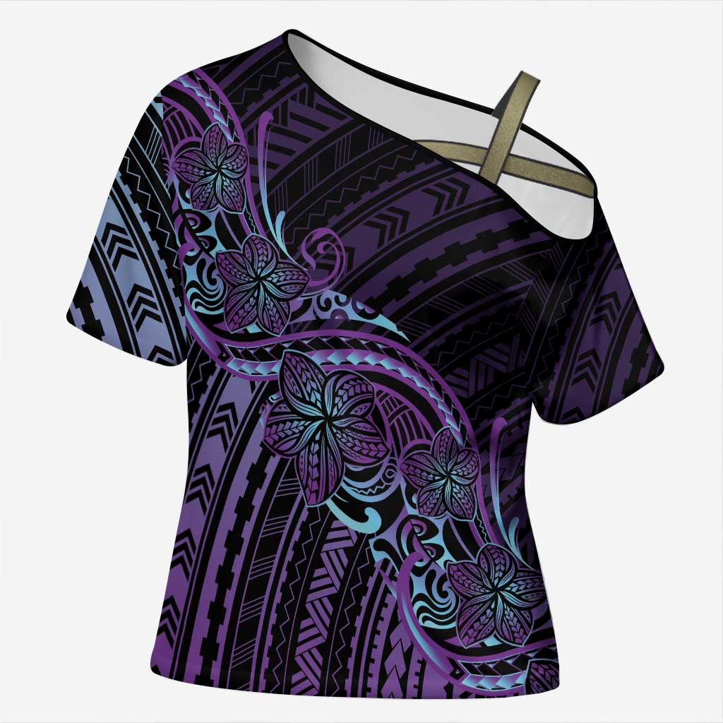 Teal Purple Polynesia Plumeria Tattoo Cross Shoulder Shirt