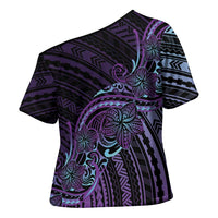 Teal Purple Polynesia Plumeria Tattoo Cross Shoulder Shirt