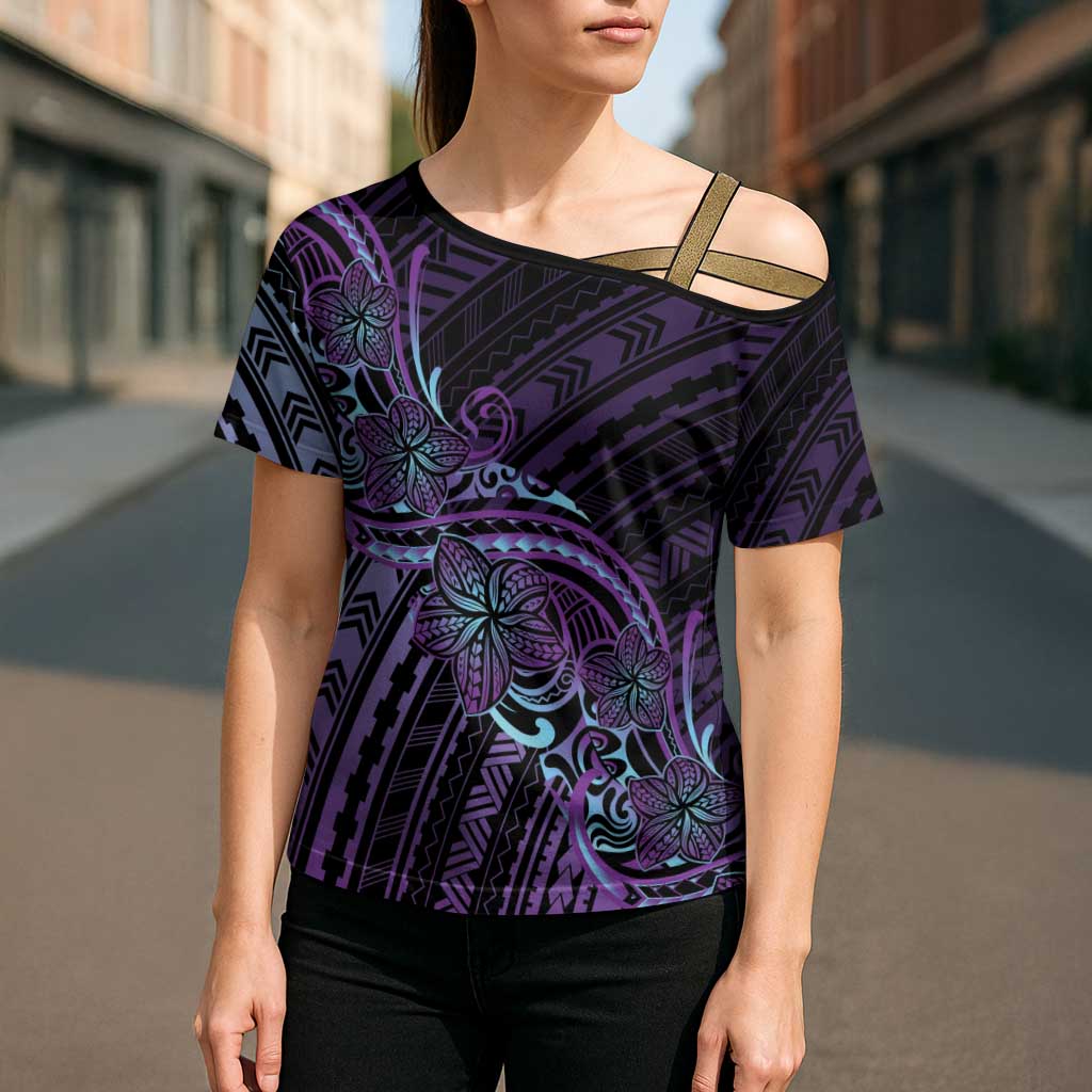 Teal Purple Polynesia Plumeria Tattoo Cross Shoulder Shirt
