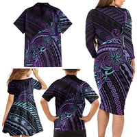 Teal Purple Polynesia Plumeria Tattoo Family Matching Long Sleeve Bodycon Dress and Hawaiian Shirt LT14 - Polynesian Pride
