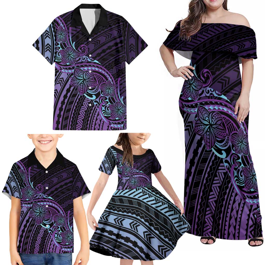 Teal Purple Polynesia Plumeria Tattoo Family Matching Off Shoulder Maxi Dress and Hawaiian Shirt LT14 - Polynesian Pride