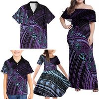 Teal Purple Polynesia Plumeria Tattoo Family Matching Off Shoulder Maxi Dress and Hawaiian Shirt LT14 - Polynesian Pride