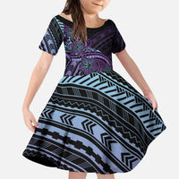 Teal Purple Polynesia Plumeria Tattoo Family Matching Off Shoulder Short Dress and Hawaiian Shirt LT14 Daughter's Dress Purple - Polynesian Pride