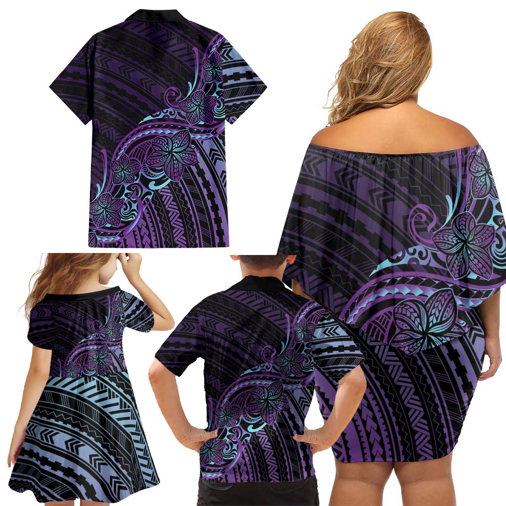 Teal Purple Polynesia Plumeria Tattoo Family Matching Off Shoulder Short Dress and Hawaiian Shirt LT14 - Polynesian Pride
