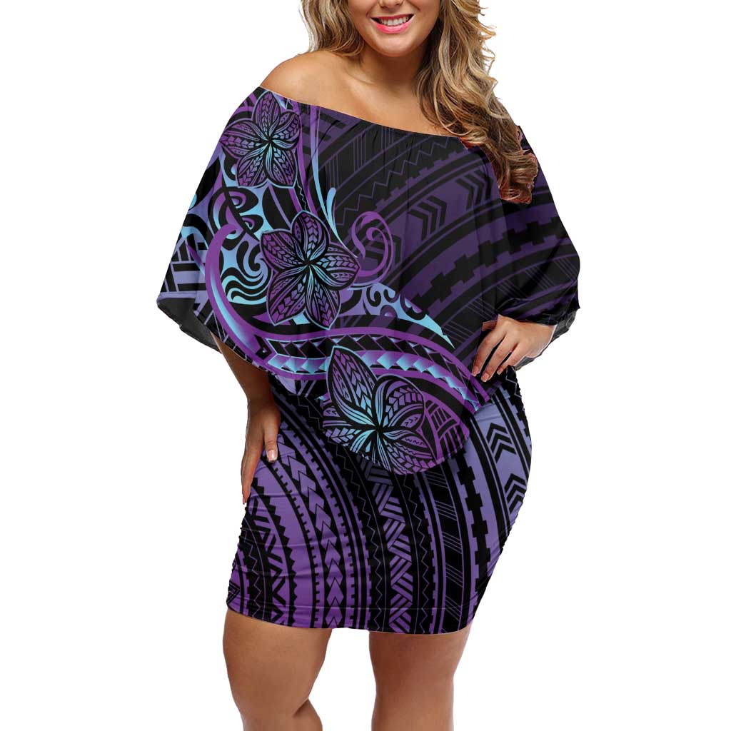 Teal Purple Polynesia Plumeria Tattoo Family Matching Off Shoulder Short Dress and Hawaiian Shirt LT14 Mom's Dress Purple - Polynesian Pride