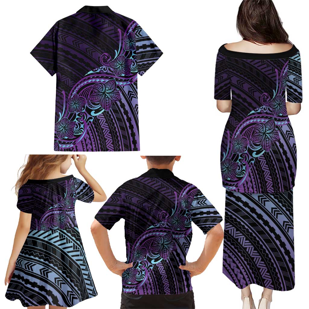Teal Purple Polynesia Plumeria Tattoo Family Matching Puletasi and Hawaiian Shirt LT14 - Polynesian Pride