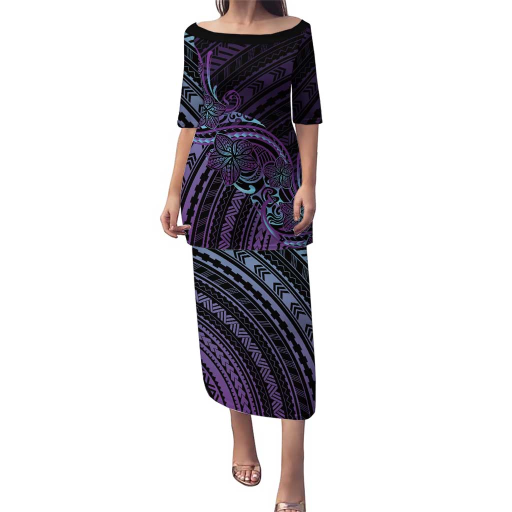 Teal Purple Polynesia Plumeria Tattoo Family Matching Puletasi and Hawaiian Shirt LT14 Mom's Dress Purple - Polynesian Pride