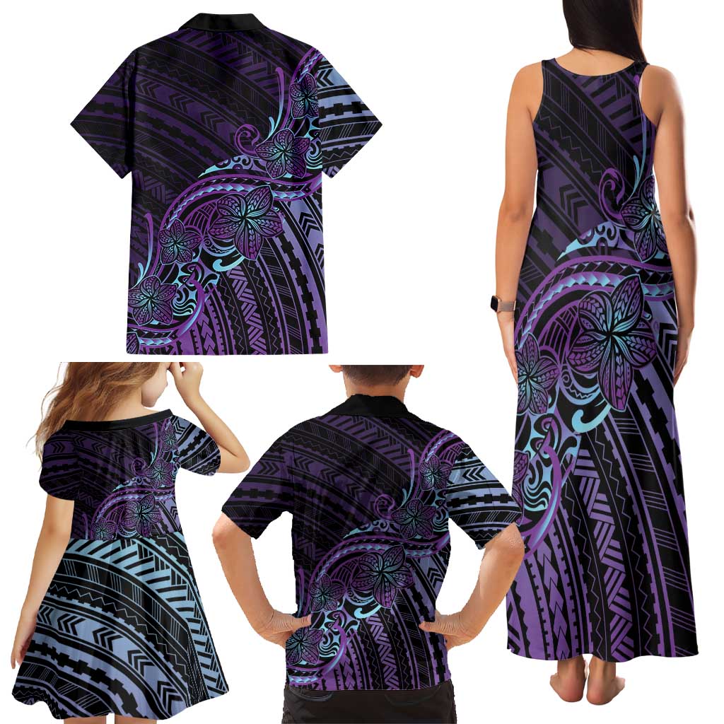 Teal Purple Polynesia Plumeria Tattoo Family Matching Tank Maxi Dress and Hawaiian Shirt LT14 - Polynesian Pride