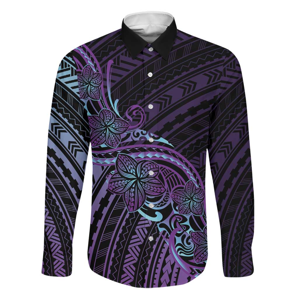 Teal Purple Polynesia Plumeria Tattoo Family Matching Tank Maxi Dress and Hawaiian Shirt LT14 Dad's Shirt - Long Sleeve Purple - Polynesian Pride