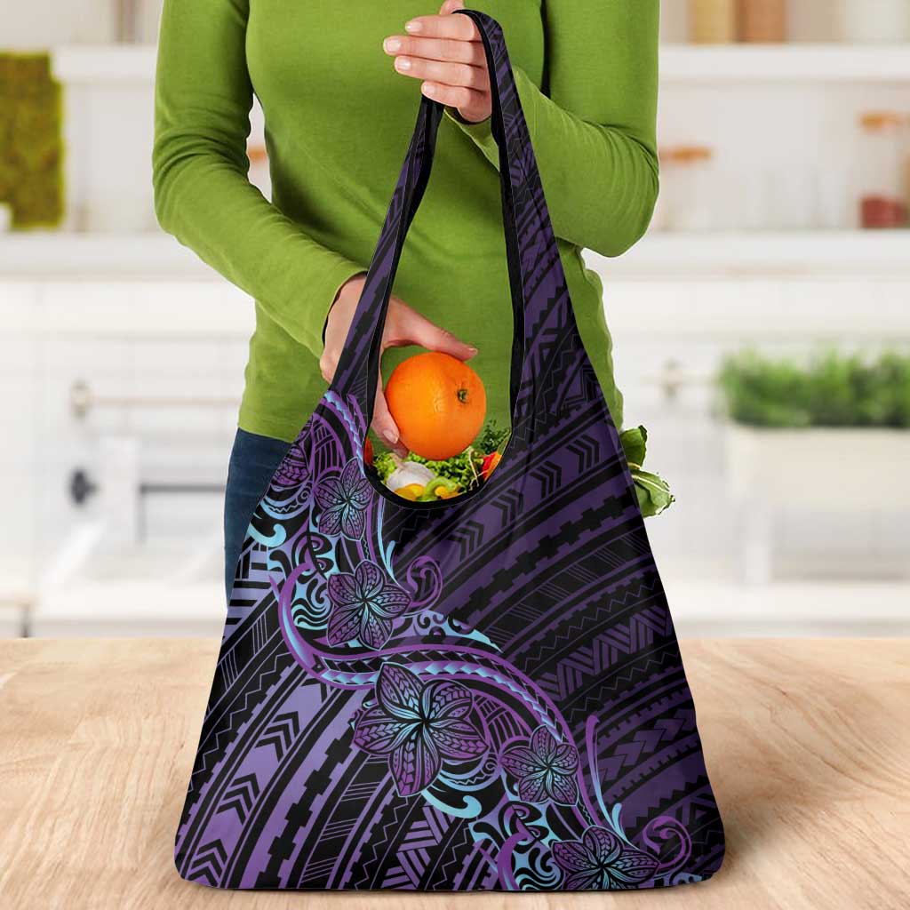 Teal Purple Polynesia Plumeria Tattoo Grocery Bag