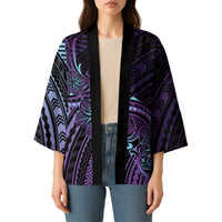 Teal Purple Polynesia Plumeria Tattoo Kimono
