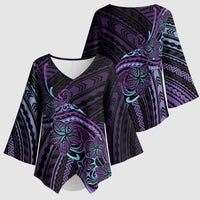 Teal Purple Polynesia Plumeria Tattoo Kimono Sleeve Blouse