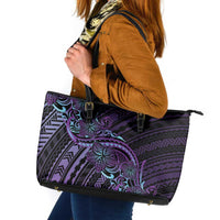 Teal Purple Polynesia Plumeria Tattoo Leather Tote Bag