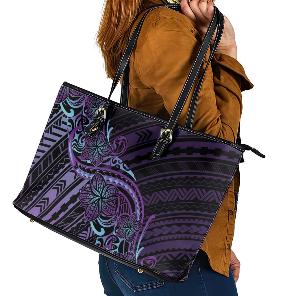 Teal Purple Polynesia Plumeria Tattoo Leather Tote Bag
