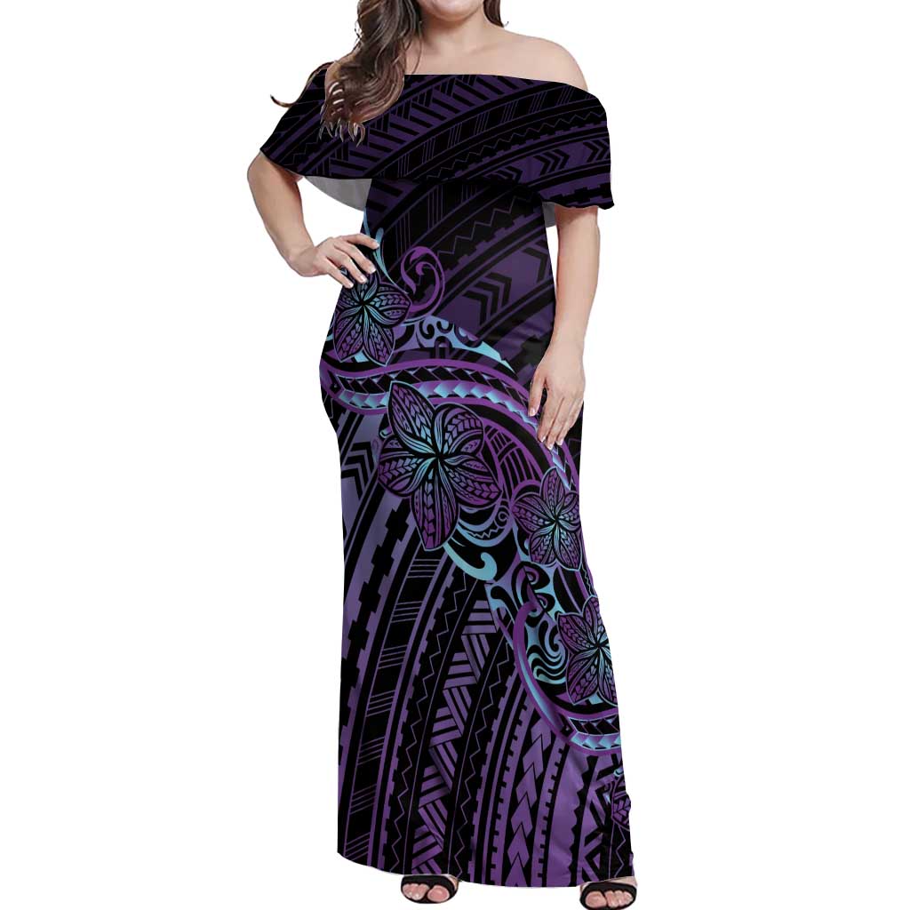 Teal Purple Polynesia Plumeria Tattoo Off Shoulder Maxi Dress LT14 Women Purple - Polynesian Pride