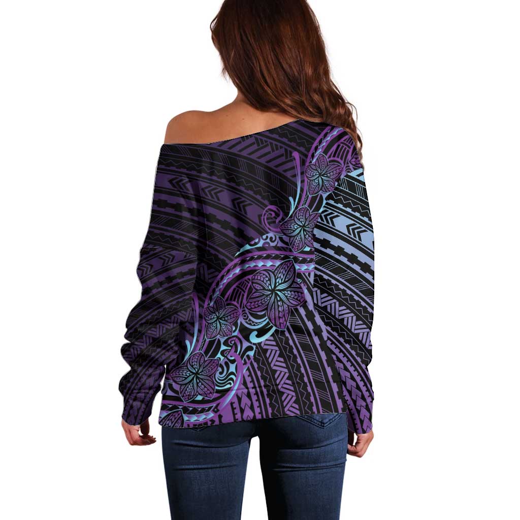 Teal Purple Polynesia Plumeria Tattoo Off Shoulder Sweater
