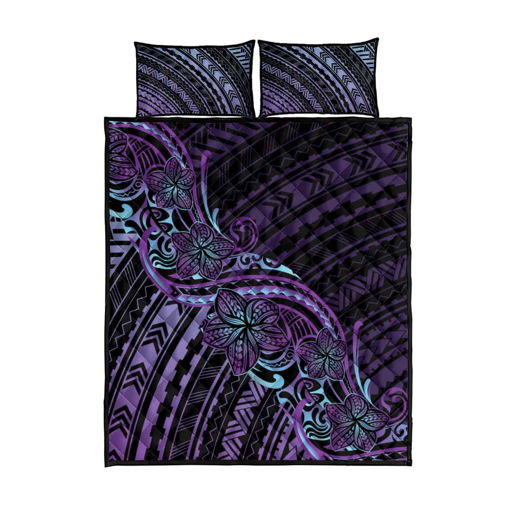 Teal Purple Polynesia Plumeria Tattoo Quilt Bed Set