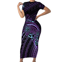 Teal Purple Polynesia Plumeria Tattoo Short Sleeve Bodycon Dress LT14 Long Dress Purple - Polynesian Pride
