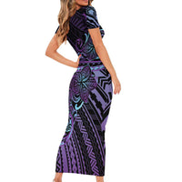 Teal Purple Polynesia Plumeria Tattoo Short Sleeve Bodycon Dress LT14 - Polynesian Pride