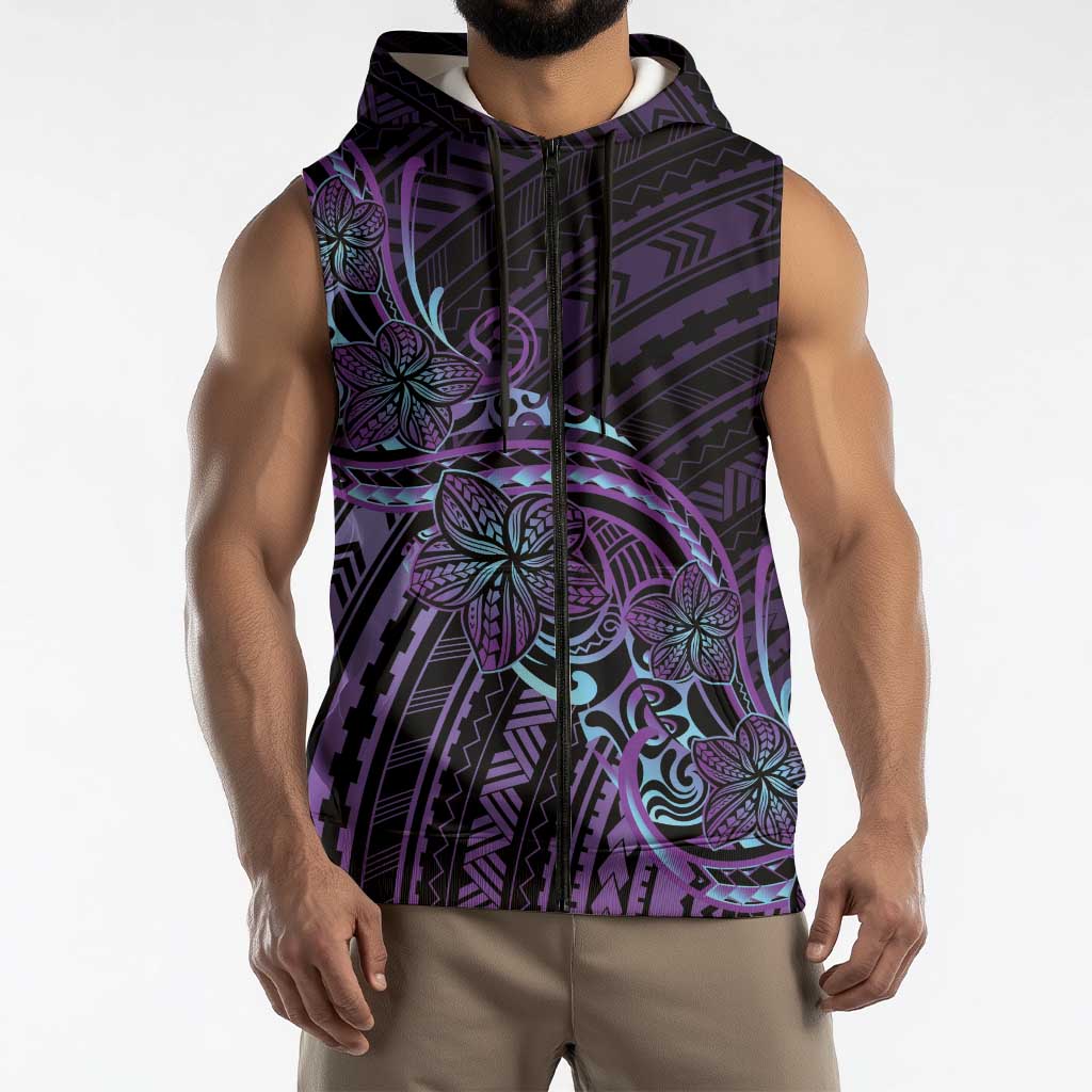 Teal Purple Polynesia Plumeria Tattoo Sleeveless Zip Hoodie LT14 - Polynesian Pride