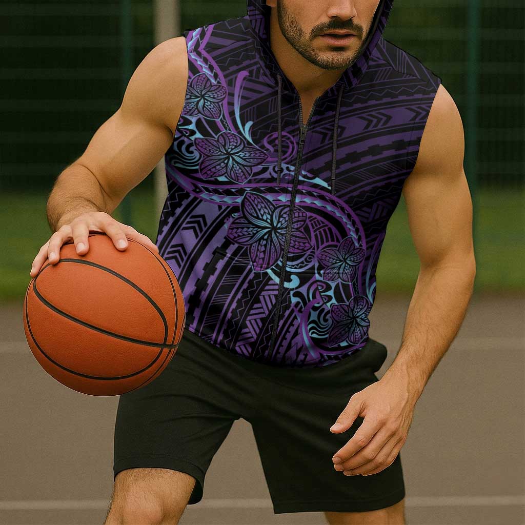 Teal Purple Polynesia Plumeria Tattoo Sleeveless Zip Hoodie LT14 - Polynesian Pride